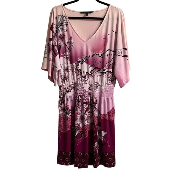 White House Black Market Pink Floral Kimono Sleeve Smock Waist Dress Size Medium - Picture 1 of 4